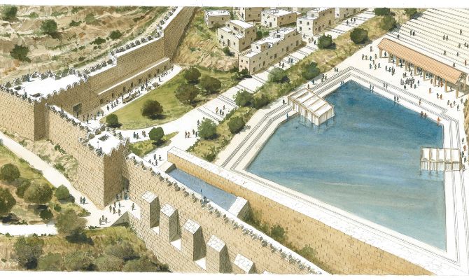 Illustration of the Shiloh Pool during the Second Temple. Credit Shalom Kevlar, City of David Archives