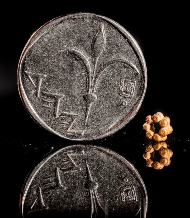 7. The gold bead discovered in the excavations of the Antiquities Authority in the city of David and next to it a new shekel coin. Credit: Koby Harati, City of David