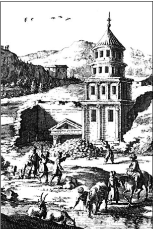 איור 10 .יד אבשלום, ציור דמיוני מהמאה ה-17 .שימו לב לערימת האבנים בחזית המצבה ולאנשים המיידים אבנים במצבה.